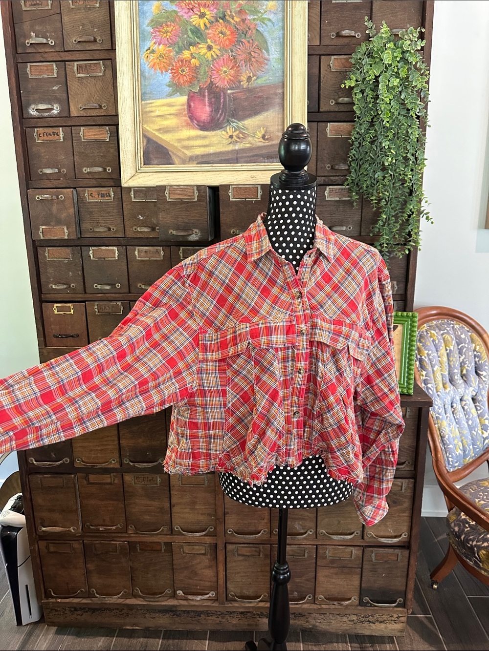 Red Plaid Button-Up Cropped Shirt